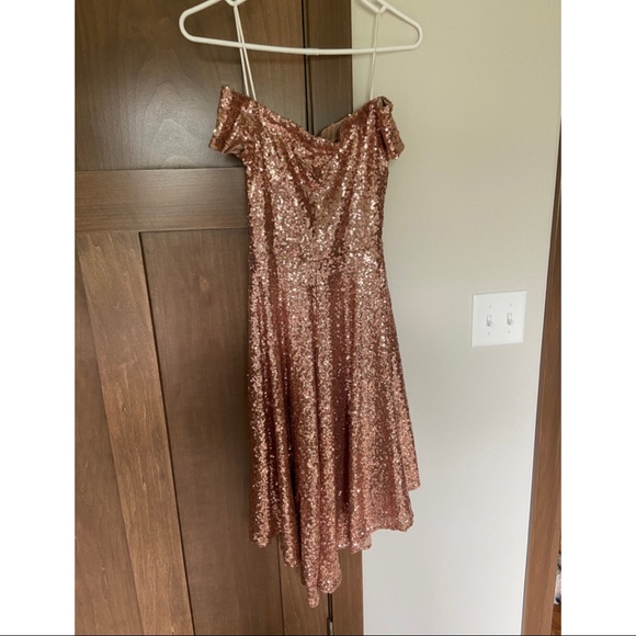 Windsor Rose Gold Sequin Off-the-Shoulder High-Low Sparkly Shimmer Formal Dress - Picture 3 of 6